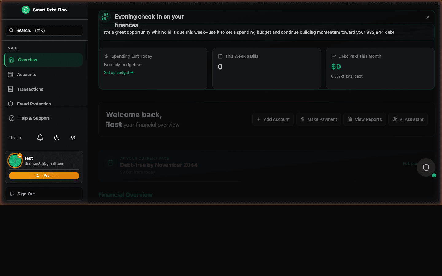 Main dashboard overview displaying interest rates, APR calculations, and debt analysis in Smart Debt Flow platform.