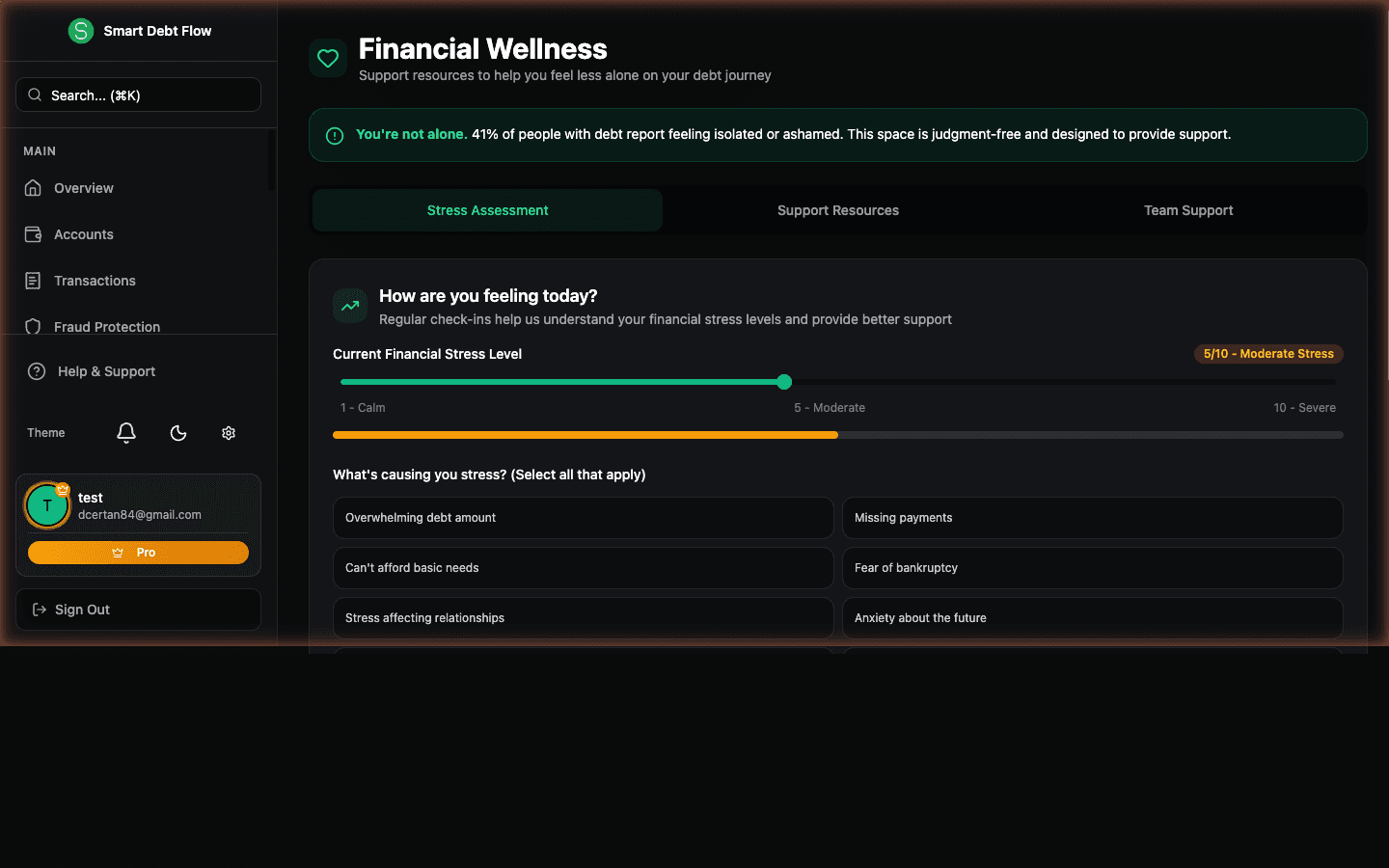 Financial wellness dashboard with gamification mechanics showing XP progress, streaks, and motivational elements for debt payoff.